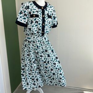 Vintage Green and Black Abstract Floral 80s Dress